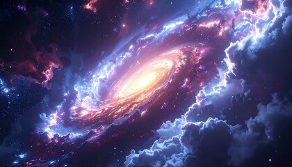 A breathtaking digital rendering of a spiraling celestial galaxy ablaze with vivid colors, floating in a sea of ethereal cosmic nebulae