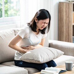Obraz premium Young Woman Suffering from Severe Stomach Pain While Sitting on Sofa