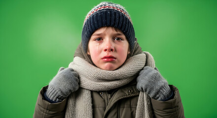 Close-up portrait of a young boy bundled up in winter clothing, looking unhappy and cold on a green screen background