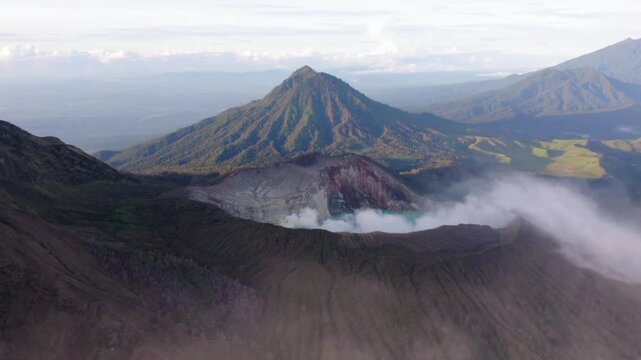 Aerial view of the ijen volcano complex with turquoise crater lake, indonesia