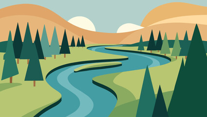 Stylized illustration of a winding river flowing through a green valley with pine trees and rolling hills