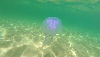 Translucent jellyfish floating in shallow, sun-dappled, clear, greenish water