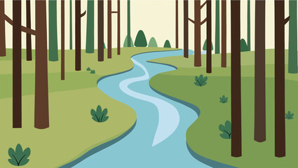 Stylized forest scene with a winding blue river flowing through green grass and trees