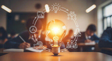 Illuminated lightbulb on table, surrounded by sketched business icons, blurred students studying in background, showcasing idea generation, teamwork, and communication in education or business context