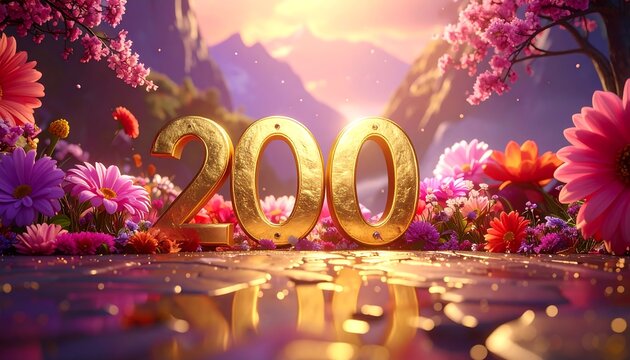 A golden number "200" sparkles amidst vibrant flowers, mountains, and a colorful sunset backdrop - Powered by Adobe