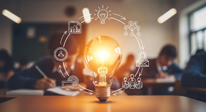 Illuminated lightbulb on table, surrounded by sketched business icons, blurred students studying in background, showcasing idea generation, teamwork, and communication in education or business context