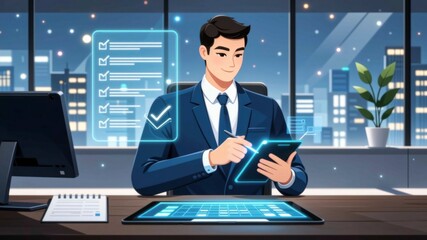Businessman Using a Digital Tablet with a Holographic Checklist in a Night City Office