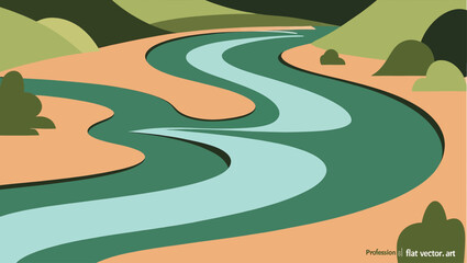 Stylized landscape with a winding river and rolling hills