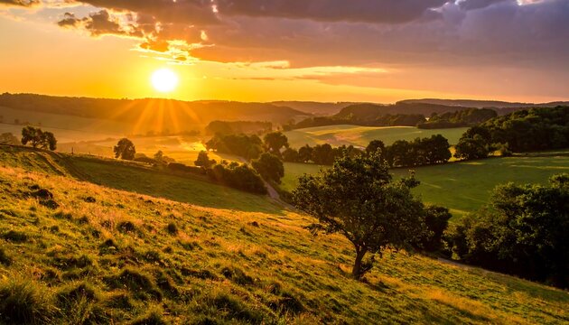 Golden sunset over rolling hills