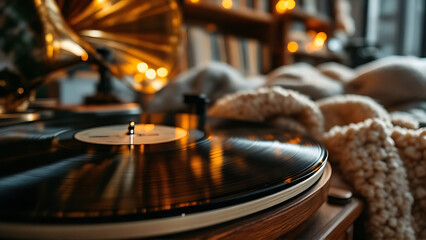 Obraz premium Vinyl record on gramophone. Classic gramophone playing vinyl. Retro music vinyl on phonograph.