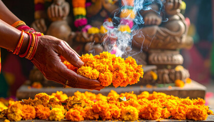 Hindu Flower Offering Temple. Religion concept. Generated Image
