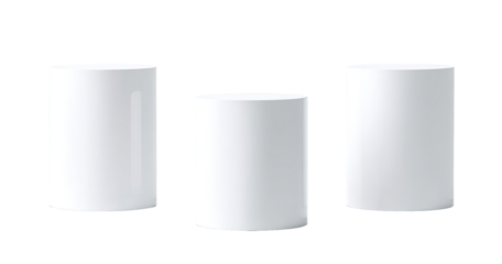 Three simple, white cylinders, side-by-side.  They appear smooth, and are identical in shape, but subtly different in their apparent perspective, giving the illusion of depth