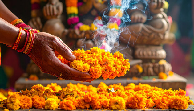 Hindu Flower Offering Temple. Religion concept. Generated Image