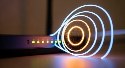 Illuminated wifi router emitting concentric signals representing a stable connection