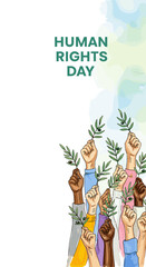Watercolor Poster for Human Rights Day Featuring Raised Hands Holding Olive Branches for Awareness Campaigns, Social Justice Initiatives, and Educational Materials