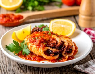 Stuffed squid in tomato sauce