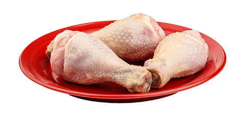 3 Piece uncooked fresh raw chicken drumsticks in a red plastic bowl - PNG