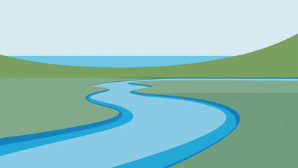 Stylized landscape with a winding blue river flowing through green hills under a pale sky