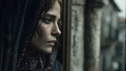 Medieval Woman in Hooded Cloak Looking Through Window