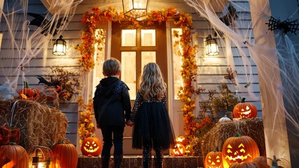 Children in halloween costumes visit a spooky house decorated with pumpkins and lights