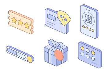 Loyalty Program Icons. Isometric vector illustration set Reward and Loyalty Savings: coupon with reward stars, loyalty card with