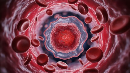 Microscopic view of a blood vessel with red blood cells and a virus