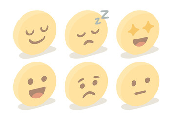 Pastel Emoji Faces. Isometric vector illustration set of simple emoji faces: proud smile, sleepy zzz, excited sparkles, worried