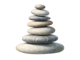 Perfectly stacked smooth grey river stones balanced precariously showing harmony serenity and tranquility isolated on transparent background