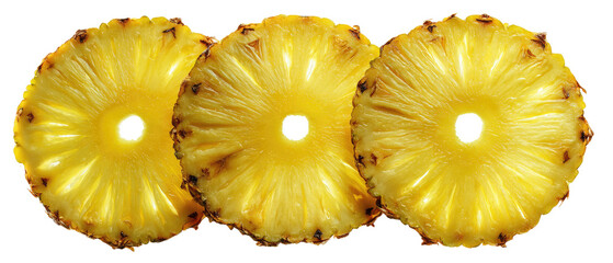 Three circular slices of ripe pineapple