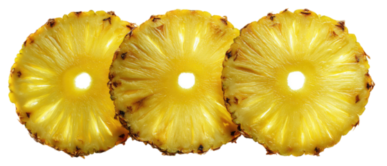 Three circular slices of ripe pineapple
