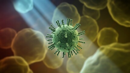 Microscopic View of a Green Virus Particle Amidst Cells