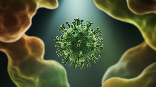 Microscopic View of a Green Coronavirus Particle