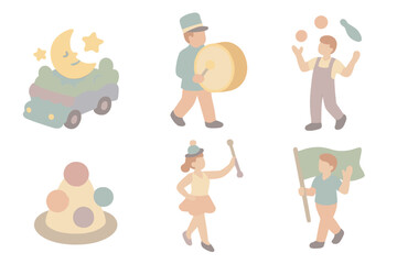 Fototapeta premium Carnival Parade Icons. Isometric vector illustration set of carnival parade icons: float car, marching band, juggler, clown hat,