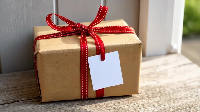 Handcrafted gift box with red ribbon transforms on wooden porch
