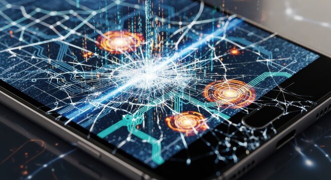 Data intrusion and technological vulnerability depicted on a damaged smartphone screen
