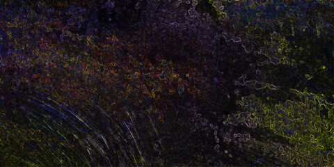 Abstract glowing texture with vibrant neon outlines of purple yellow blue and red on dark background