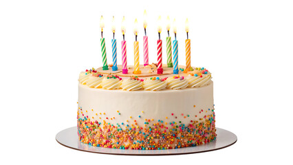 Delicious festive birthday cake with lit candles ready for celebration isolated on black isolated on transparent background