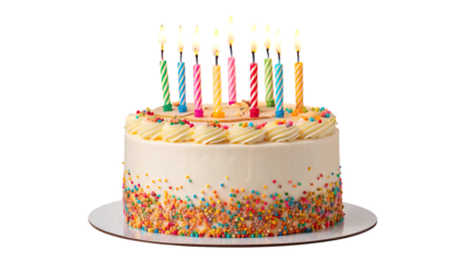 Delicious festive birthday cake with lit candles ready for celebration isolated on black isolated on transparent background