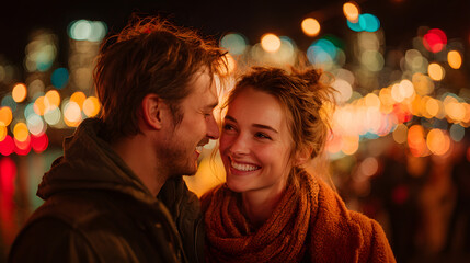 Romantic Couple Smiling at Night with City Lights Bokeh