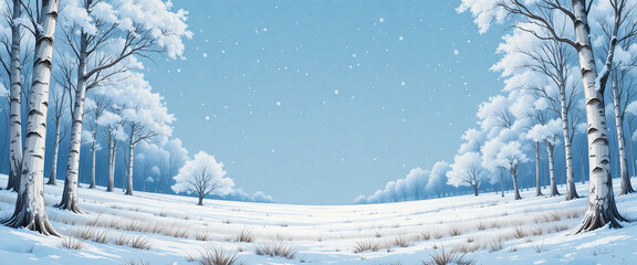 Snow-covered meadow framed by birch trees, pale blue and white palette, glossy linework, text space.