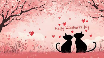 Romantic Valentine&rsquo;s Day Cats Silhouette with Hearts