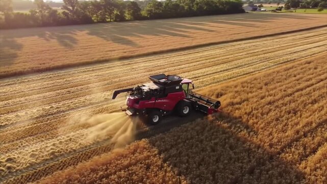 Aerial drone view of a combine harvester in a wheat field at sunset - Powered by Adobe