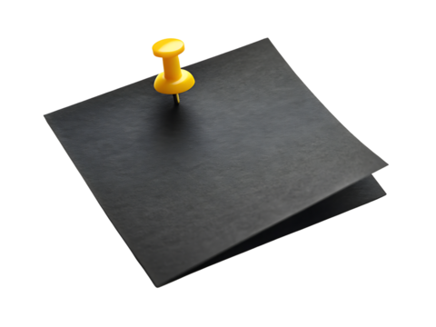 Black sticky note with yellow pushpin attached isolated on a simple surface isolated on transparent background