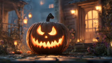 Spooky Halloween Jack O&rsquo;Lantern Pumpkin with Glowing Face