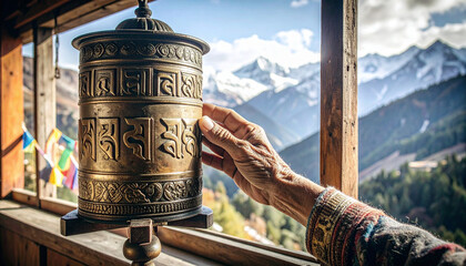 Tibetan Prayer Wheel Spinning . Religion concept. Generated Image