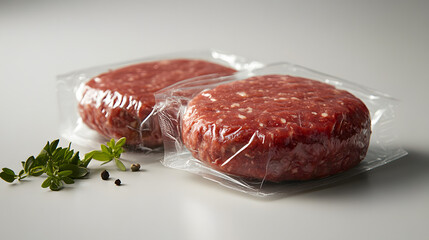 Vacuum Packed Raw Beef Patties with Herbs on White Background