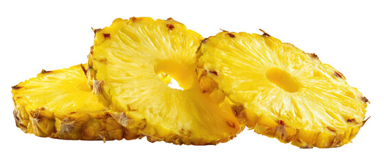Three slices of ripe pineapple, vibrant yellow flesh,  showing the circular core and textured skin
