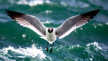 A seagull soaring over choppy water
