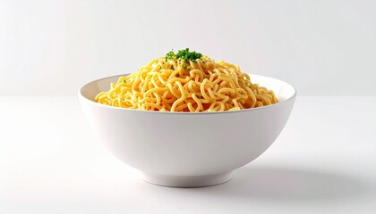 White bowl of cooked instant noodles topped with green herbs on white background