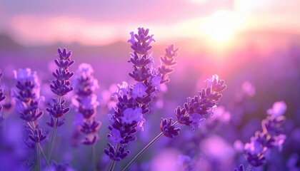 Obraz premium Lavender Sunset Serenity: Purple Blooms at Golden Hour